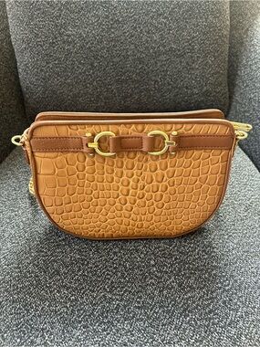 Talbots Croc-Embossed Saddle Crossbody in Cognac Brown with Gold Hardware